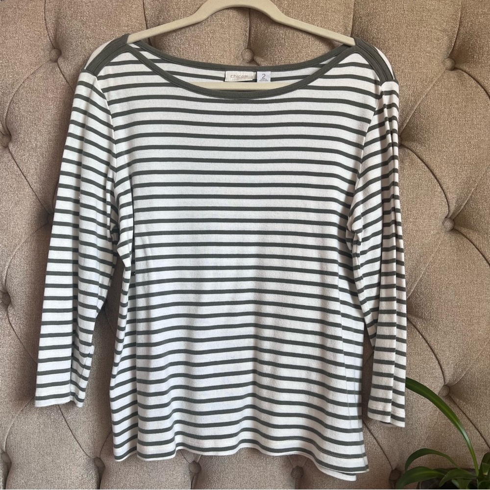 Chico's Olive and White Striped Tee chico’s size 2 boat neck 3/4 sleeves large